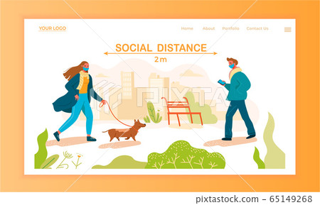 People walking in the park with pets, characters save distance on street during Covid19 Pandemic. People walking in the park with pets, characters save distance on street during Covid19 Pandemic. 65149268