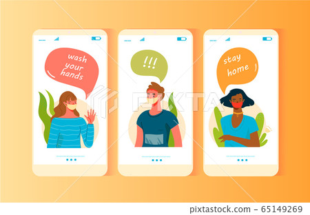People in medical masks for protection from coronavirus mobile app screen templates. People in medical masks for protection from coronavirus mobile app screen templates. 65149269