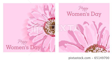 Set of greeting cards. Womens day text design with flowers and pink background. Vector illustration. Womens day greeting design. Template for poster, card, banner. March 8. 65149700