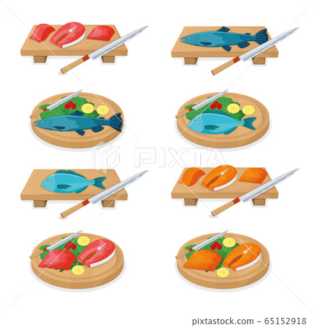 Cut up tuna fish roll and salmon minnow on wooden Cut up tuna fish roll and salmon minnow on wooden 65152918