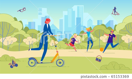 Businesswoman Riding Scooter in Park Lifestyle 65153369