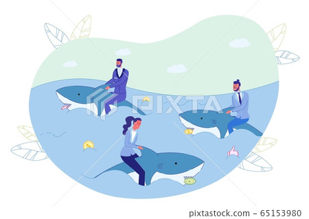 Businesspeople Swimming on Shark in Ocean Metaphor Businesspeople Swimming on Shark in Ocean Metaphor 65153980