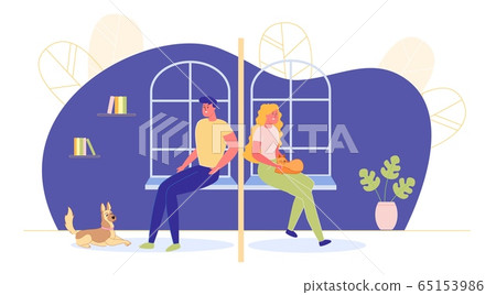 Man and Woman Sitting Separated with House Wall. Man and Woman Sitting Separated with House Wall. 65153986