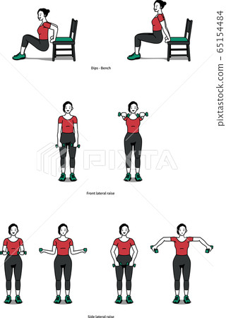 婦女在進行深層臥推和前外側抬高訓練時，需要進行家庭訓練，以進行肩膀和手臂的鍛煉 65154484