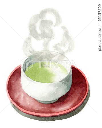 Analog watercolor teacup with hot green tea and tea table 65157209