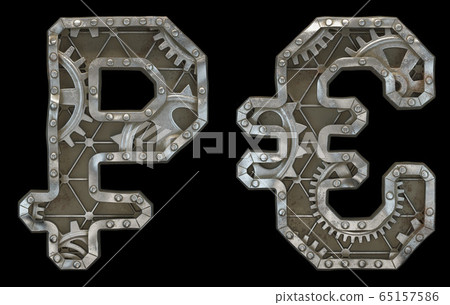 Set of mechanical alphabet made from rivet metal with gears on black background. Symbol rouble and euro. 3D 65157586