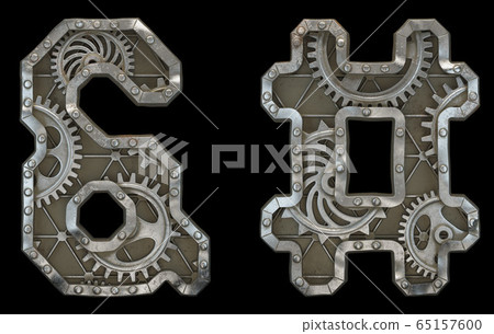Set of mechanical alphabet made from rivet metal with gears on black background. Symbol ampersand and hash. 3D Set of mechanical alphabet made from rivet metal with gears on black background. Symbol ampersand and hash. 3D 65157600