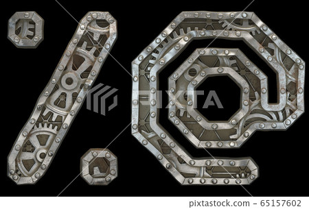 Set of mechanical alphabet made from rivet metal with gears on black background. Symbol percent and at. 3D Set of mechanical alphabet made from rivet metal with gears on black background. Symbol percent and at. 3D 65157602