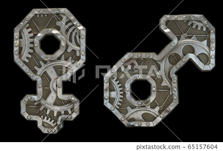 Set of mechanical alphabet made from rivet metal with gears on black background. Symbol female and male. 3D Set of mechanical alphabet made from rivet metal with gears on black background. Symbol female and male. 3D 65157604