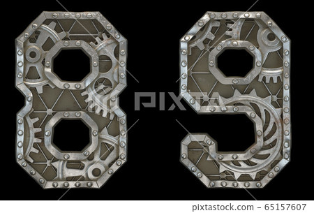 Set of mechanical alphabet made from rivet metal with gears on black background. Numbers 8, 9. 3D Set of mechanical alphabet made from rivet metal with gears on black background. Numbers 8, 9. 3D 65157607
