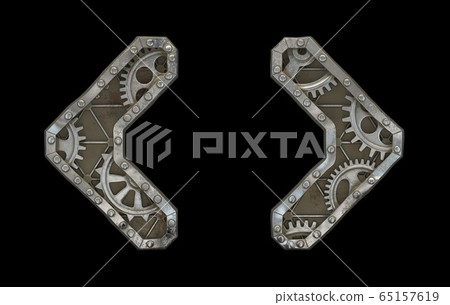 Mechanical alphabet made from rivet metal with gears on black background. Set of symbol left and right angle bracket. 3D 65157619