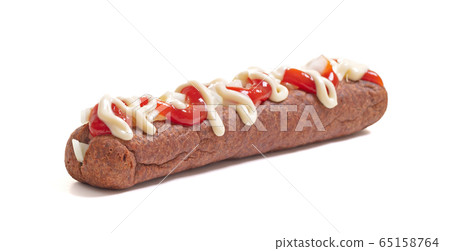 One frikadel with ketchup, mayonnaise on chopped One frikadel with ketchup, mayonnaise on chopped 65158764