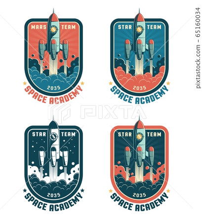 Space rocket retro badge with launch rocket 65160034