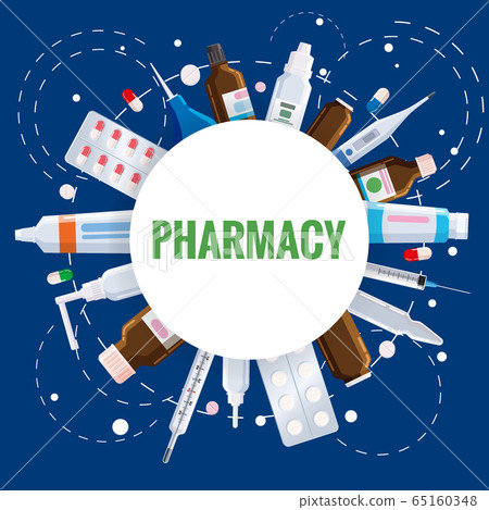 Pharmacy template frame with blister, tubes, spray, syringe, thermometer, pippete, jars, pills, drugs, medical bottles. Drugstore vector cartoon, flat illustration. Medicine and healthcare banner Pharmacy template frame with blister, tubes, spray, syringe, thermometer, pippete, jars, pills, drugs, medical bottles. Drugstore vector cartoon, flat illustration. Medicine and healthcare banner 65160348