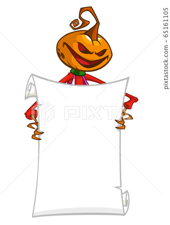Cartoon jack o lantern pumpkin head holding blank empty scroll paper for text. Halloween illustration Cartoon jack o lantern pumpkin head holding blank empty scroll paper for text. Halloween illustration 65161105