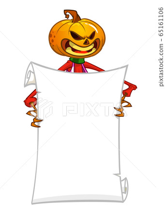 Cartoon jack o lantern pumpkin head holding blank empty scroll paper for text. Halloween illustration Cartoon jack o lantern pumpkin head holding blank empty scroll paper for text. Halloween illustration 65161106