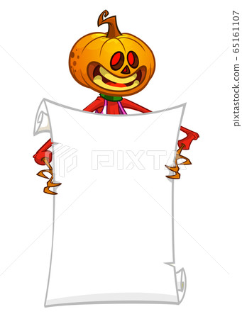 Cartoon jack o lantern pumpkin head holding blank empty scroll paper for text. Halloween illustration 65161107