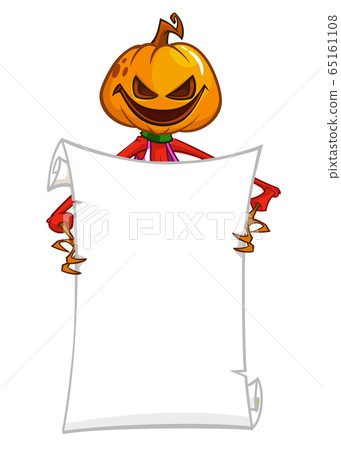 Cartoon jack o lantern pumpkin head holding blank empty scroll paper for text. Halloween illustration Cartoon jack o lantern pumpkin head holding blank empty scroll paper for text. Halloween illustration 65161108