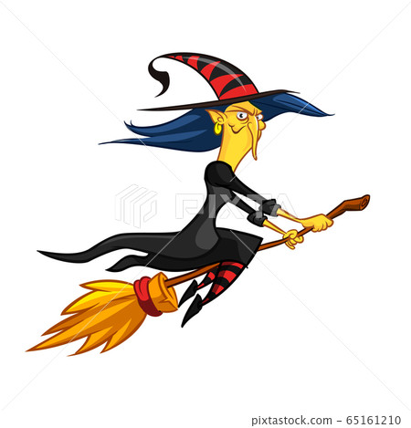Funny little witch flying. Cartoon vector illustration. Isolated on white Funny little witch flying. Cartoon vector illustration. Isolated on white 65161210
