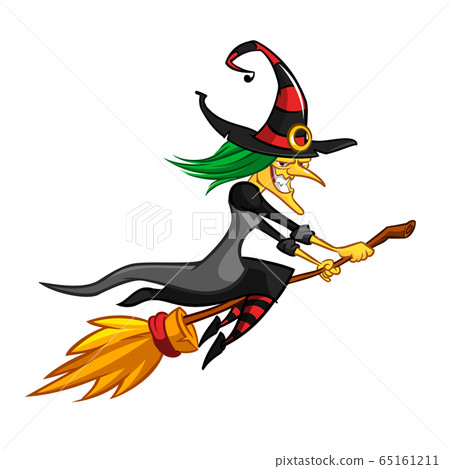 Funny little witch flying. Cartoon vector illustration. Isolated on white