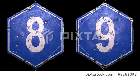 Set of public road signs in blue color with a white number 8 and 9 in the center on black background. 3d Set of public road signs in blue color with a white number 8 and 9 in the center on black background. 3d 65162098
