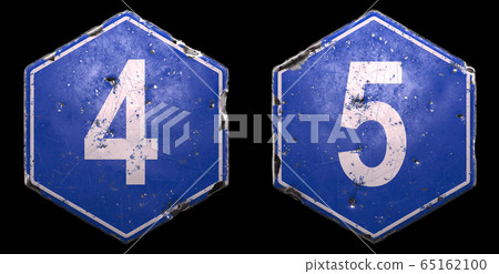 Set of public road signs in blue color with a white number 4 and 5 in the center on black background. 3d Set of public road signs in blue color with a white number 4 and 5 in the center on black background. 3d 65162100