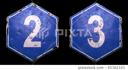 Set of public road signs in blue color with a white number 2 and 3 in the center on black background. 3d Set of public road signs in blue color with a white number 2 and 3 in the center on black background. 3d 65162101