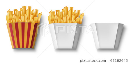 Potatoes French fries in paper box, isolated. Realistic Package Box with fry french potato and empty. Fast food banner. vector illustration 65162643