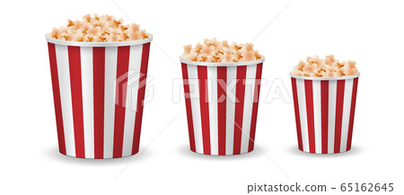 Realistic popcorn mockup isolated. Vector red striped pop corn box side view. vector illustration Realistic popcorn mockup isolated. Vector red striped pop corn box side view. vector illustration 65162645