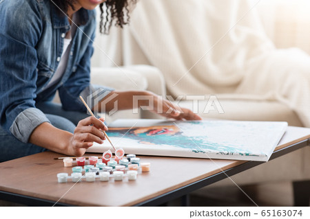 Quarantine Hobbies. Unrecognizable African Woman Drawing Picture On Canvas At Home 65163074