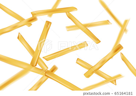Falling realistic French fries background. Fast food banner. Flying french fries potatoes with bokeh effect isolated on white. vector illustration Falling realistic French fries background. Fast food banner. Flying french fries potatoes with bokeh effect isolated on white. vector illustration 65164181