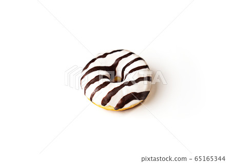 Sweet striped donut on white background, isolated. Party food concept. Sweet striped donut on white background, isolated. Party food concept. 65165344
