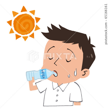 Stock illustration: men drinking water and sun heat stroke measures 65166161