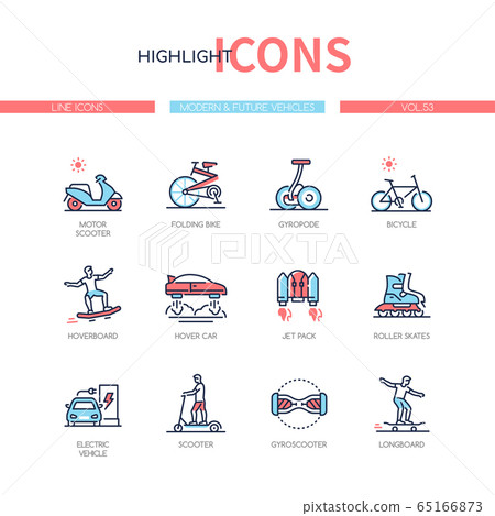 Modern and future vehicles - line design style icons set 65166873