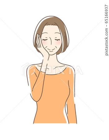 一個女人撫摸她的手掌與她的臉頰 一個女人撫摸她的手掌與她的臉頰 65166937