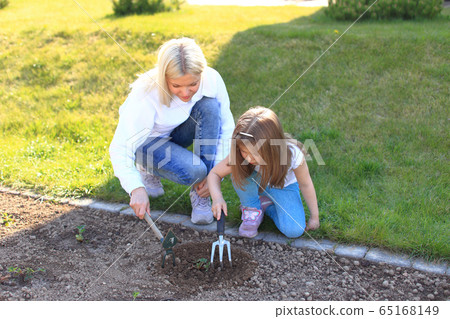 Mom and daughter work in hoes in a garden Mom and daughter work in hoes in a garden 65168149