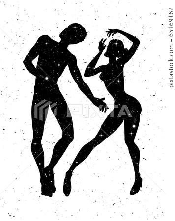 Beautiful man and woman silhouettes with stars, 65169162