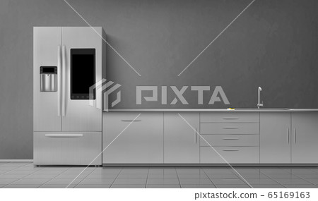 Kitchen interior smart fridge and sink on tabletop 65169163