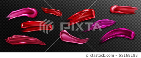 Lipstick swatches, smudges of liquid lip gloss 65169188