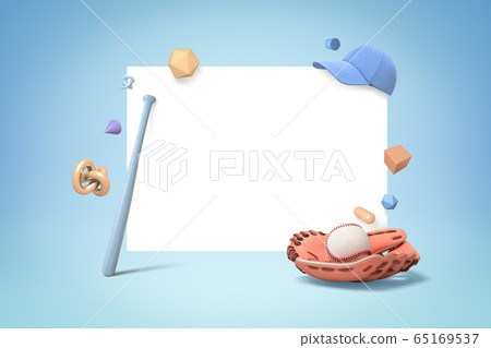 3d rendering of blue cap, baseball bat, ball and glove on blue and white background 3d rendering of blue cap, baseball bat, ball and glove on blue and white background 65169537