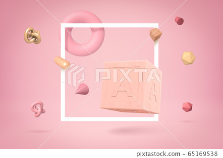 3d rendering of rose pink ABC block, square white frame, and different geometric objects floating here and there on yogurt pink background. 3d rendering of rose pink ABC block, square white frame, and different geometric objects floating here and there on yogurt pink background. 65169538