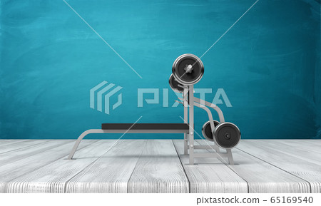 3d rendering of weight bench with metal barbell on white wooden floor and dark turquoise background 65169540
