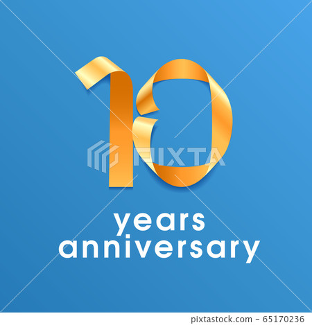 10 years anniversary vector icon, logo. Design element with golden ribbon 65170236