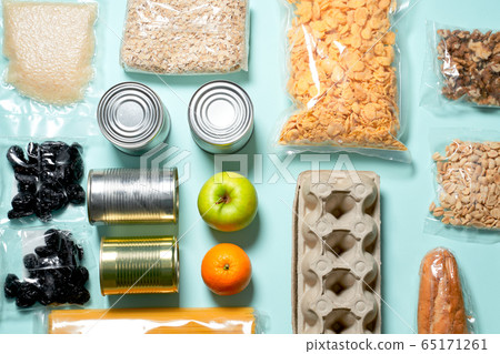 Set of food products. Food supplies.. Donation, coronavirus and quarantine concept. Set of food products. Food supplies.. Donation, coronavirus and quarantine concept. 65171261
