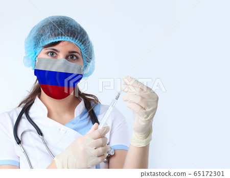 Scientist woman and mask with Russia flag. 65172301