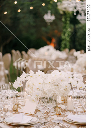 Wedding dinner table reception. A large bouquet of white orchids on the table among plates, glasses and candles. Wedding floristry 65177492