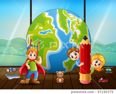 Children playing indoor near a big globe 65180379