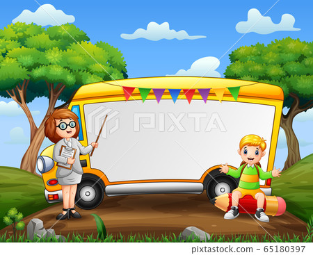 Study outdoor with a woman teacher and boy Study outdoor with a woman teacher and boy 65180397