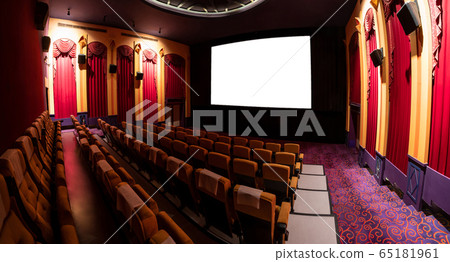 Cinema theater showing empty white movie screen. Cinema theater showing empty white movie screen. 65181961