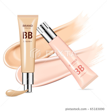 Reality cosmetic tube with beige foundation on white background. Cosmetic brand advertising concept design 65183890